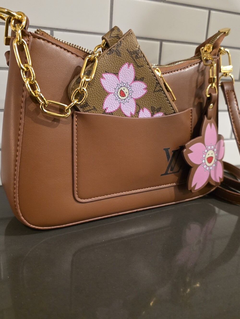 Brown Shoulder Bag with Pink Flower Charm - Picture 2 of 5